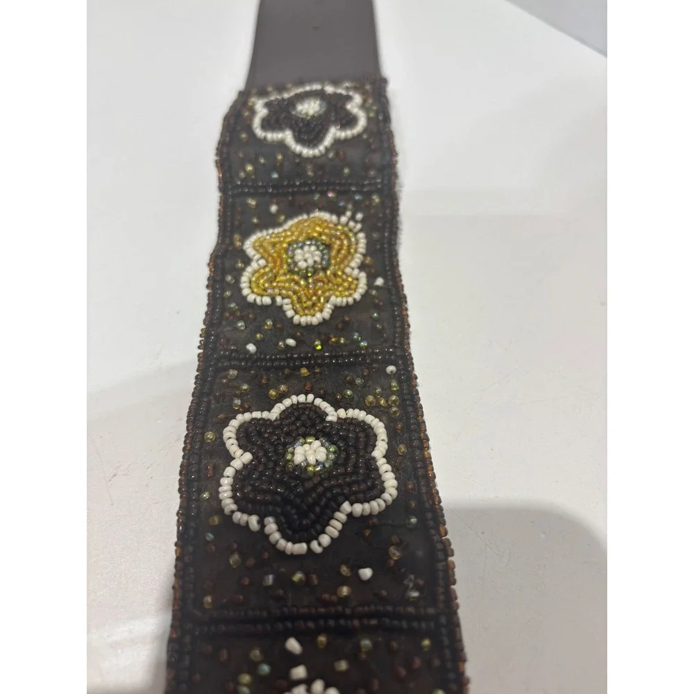 VTG India Beaded Floral Leather Belt Womens Medium Brown Gold Boho Wide Waist